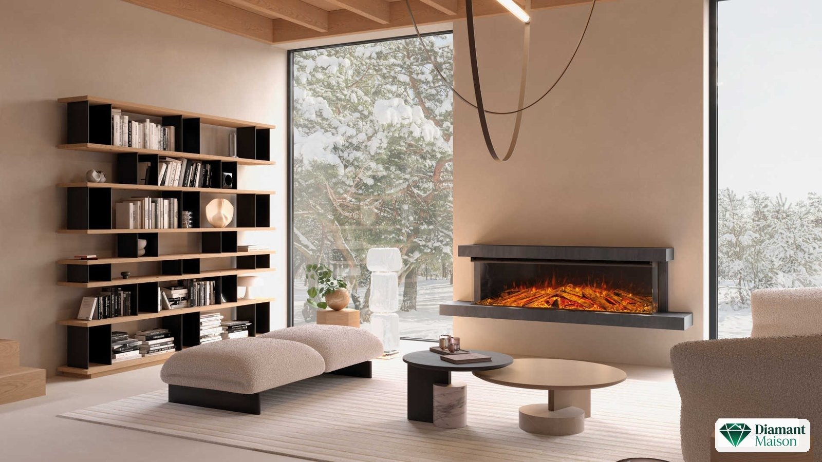 La cheminée électrique Lumen 1600 de la Nordica Extraflame avec cadre-pierre