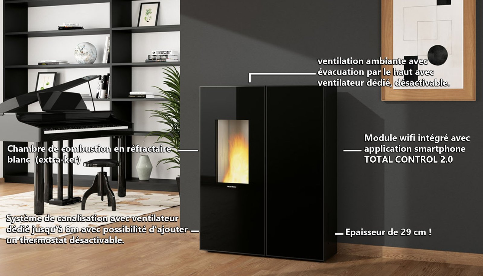 Poêle à Granulés Canalisable 10 kW SHARON + Kit Ventouse